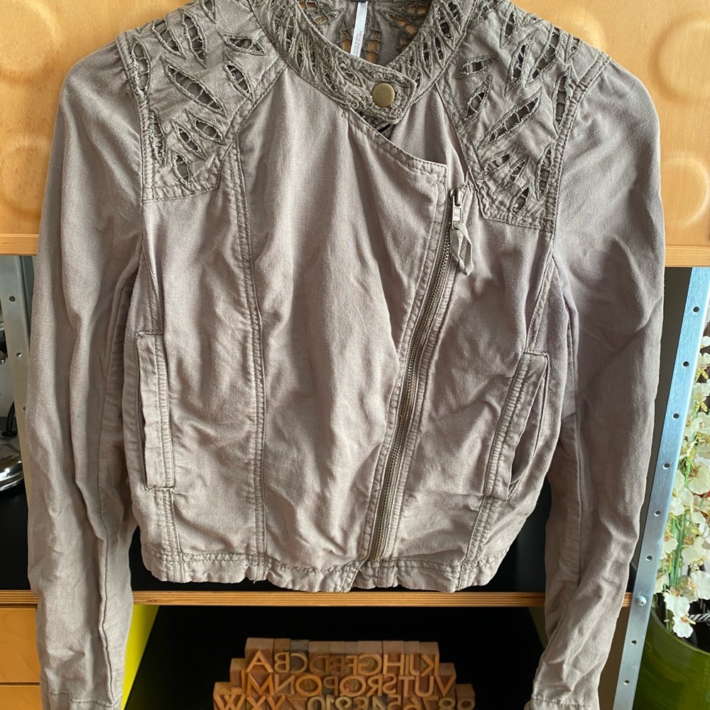 Free People Gray Utility Jacket with Stand-Up Collar